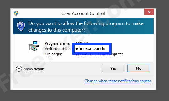 Screenshot where Blue Cat Audio appears as the verified publisher in the UAC dialog